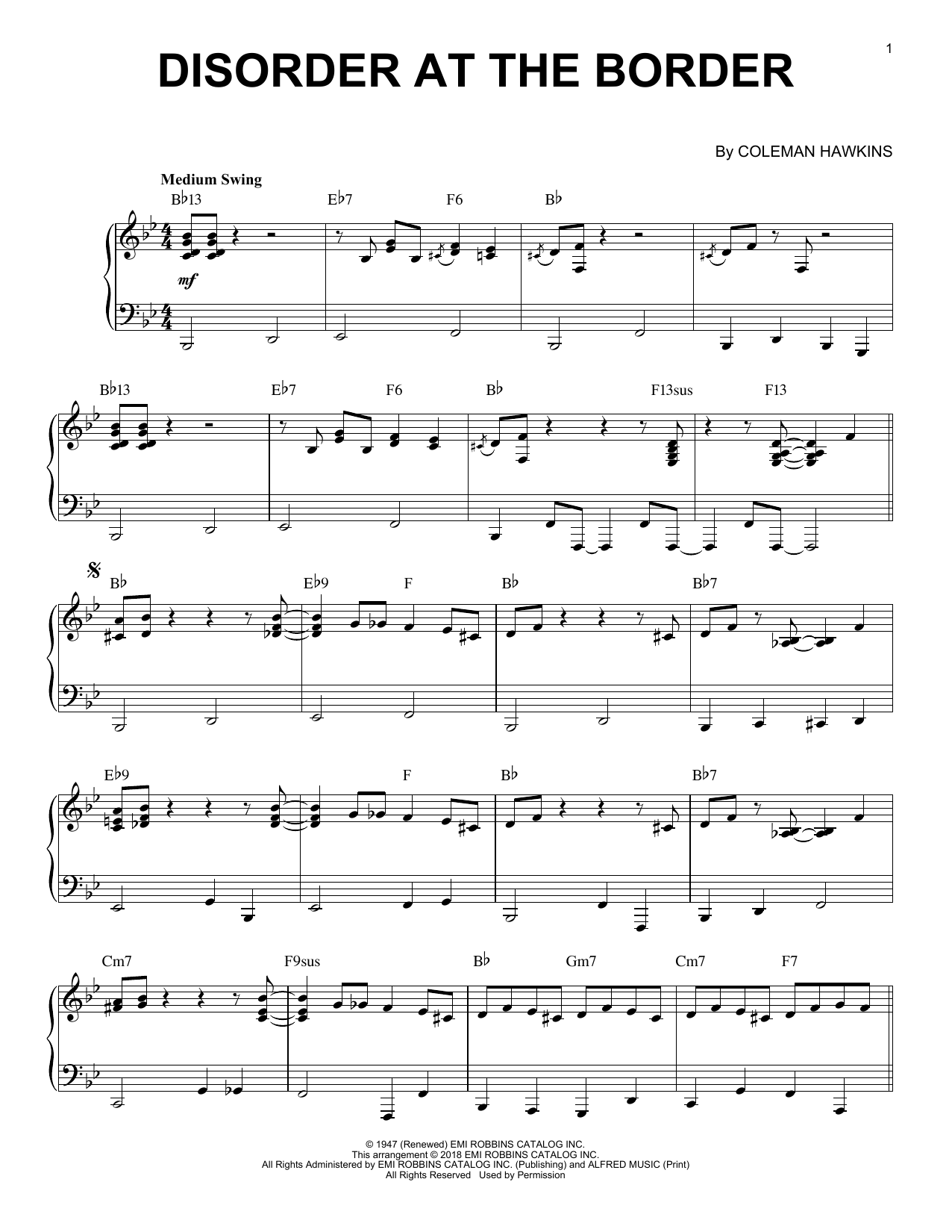 Coleman Hawkins Disorder At The Border sheet music notes and chords arranged for Piano Solo