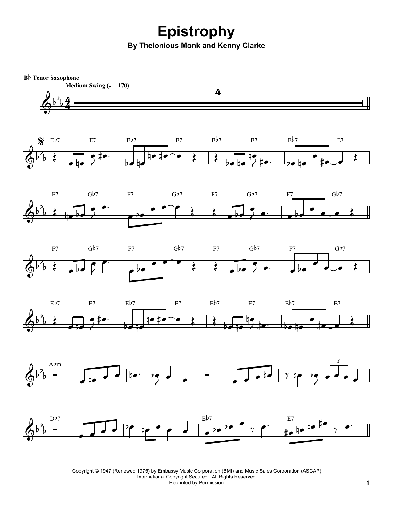 Coleman Hawkins Epistrophy sheet music notes and chords arranged for Tenor Sax Transcription