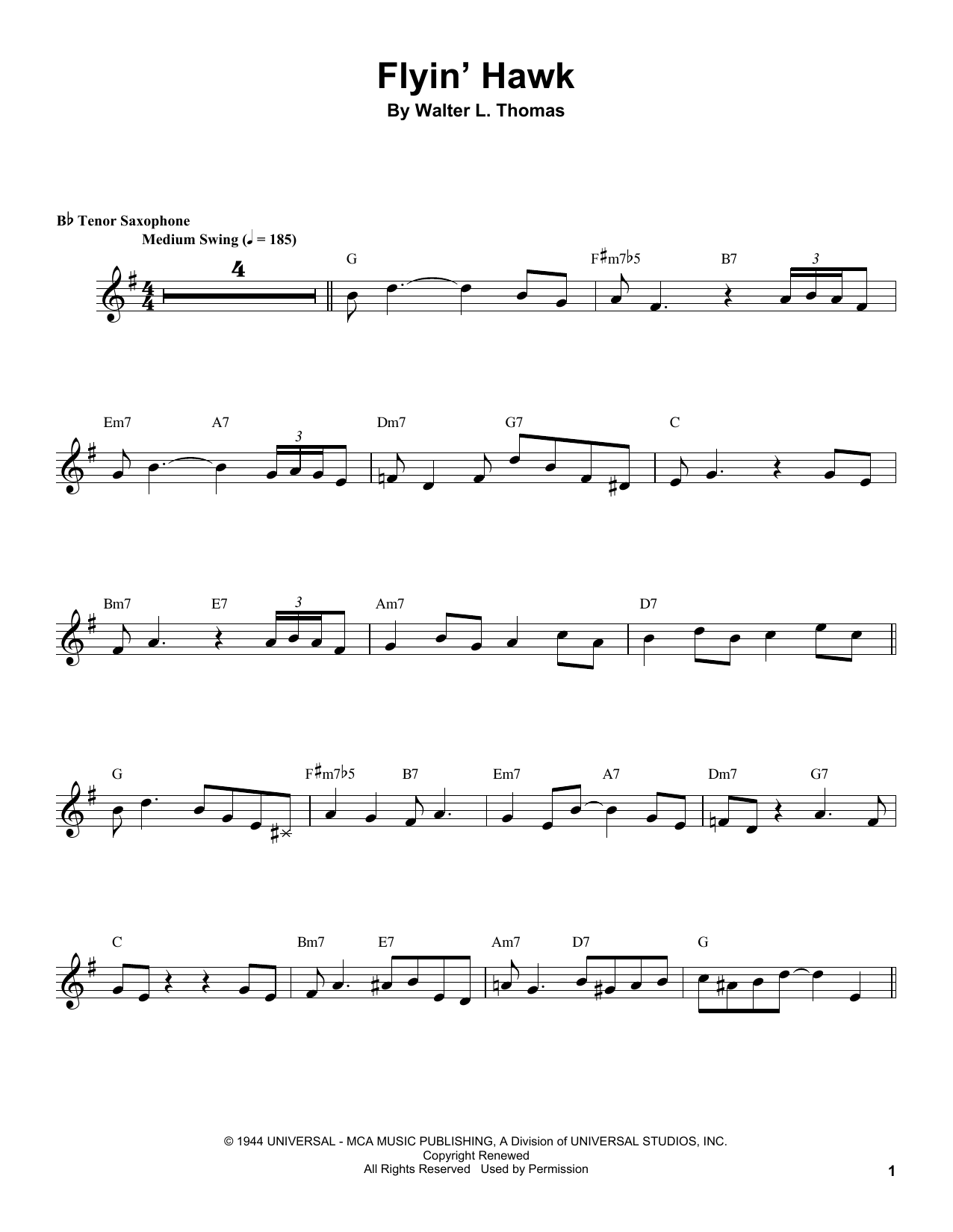 Coleman Hawkins Flyin' Hawk sheet music notes and chords arranged for Tenor Sax Transcription