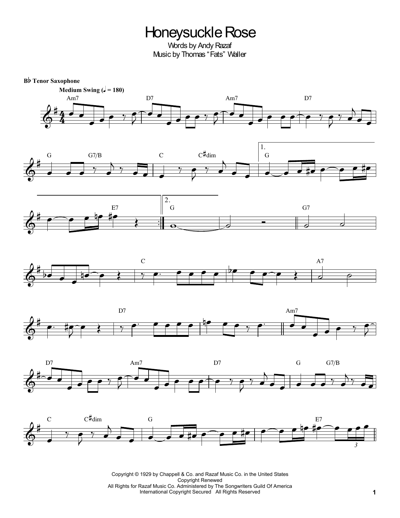 Coleman Hawkins Honeysuckle Rose sheet music notes and chords arranged for Tenor Sax Transcription