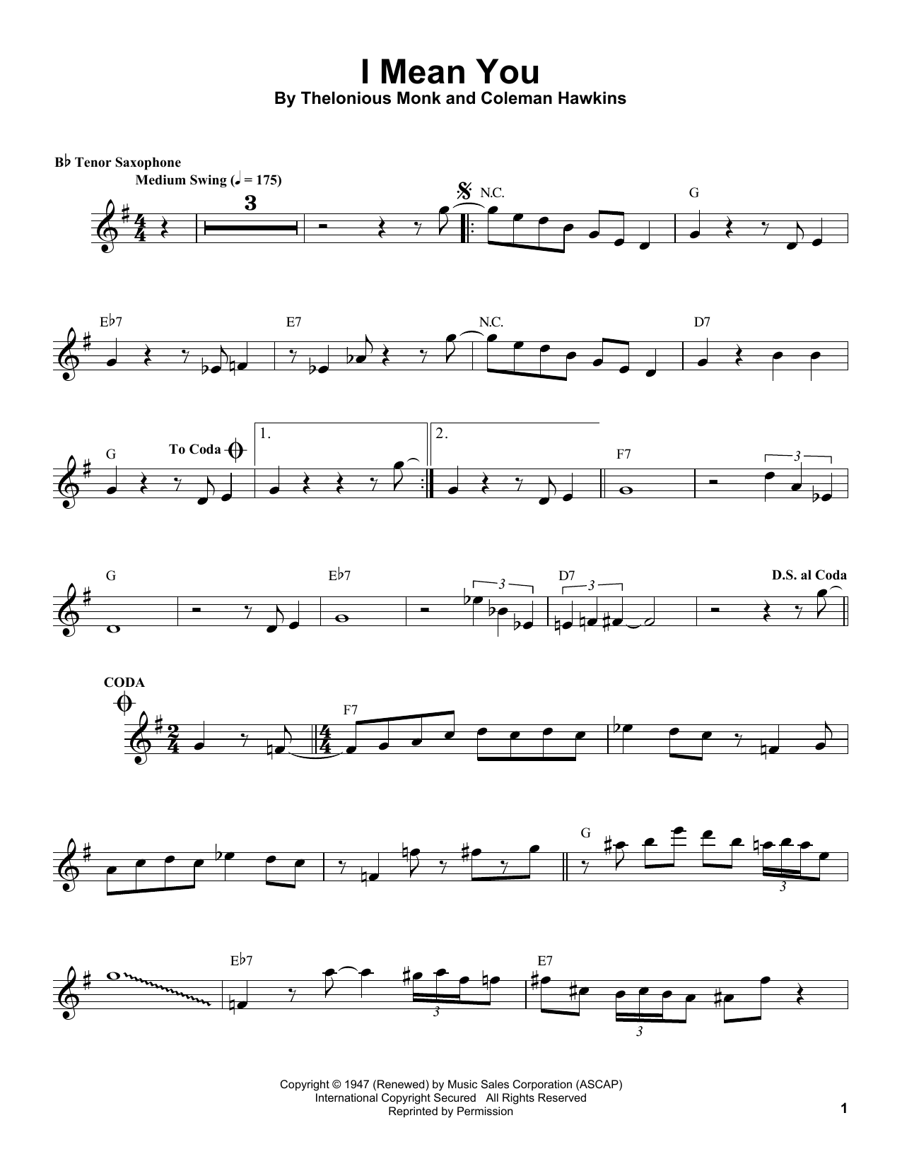 Coleman Hawkins I Mean You sheet music notes and chords arranged for Tenor Sax Transcription
