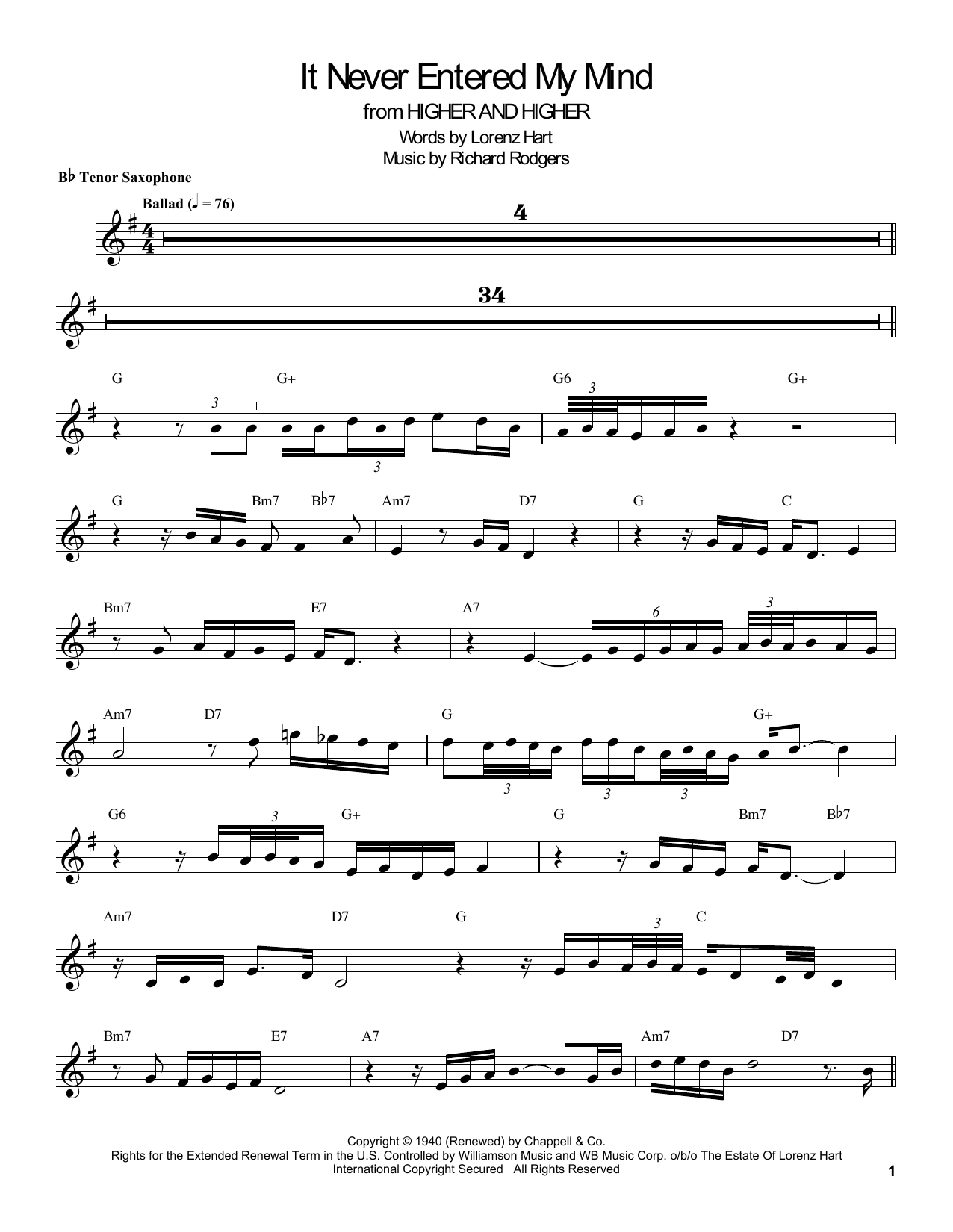 Coleman Hawkins It Never Entered My Mind sheet music notes and chords arranged for Tenor Sax Transcription