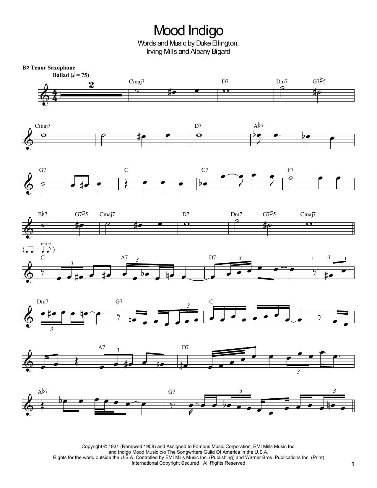 Coleman Hawkins Mood Indigo sheet music notes and chords arranged for Tenor Sax Transcription