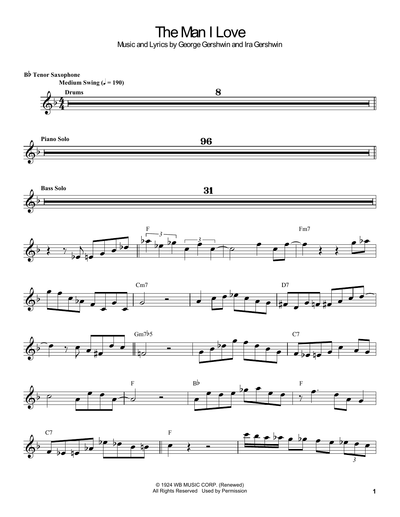 Coleman Hawkins The Man I Love sheet music notes and chords arranged for Tenor Sax Transcription
