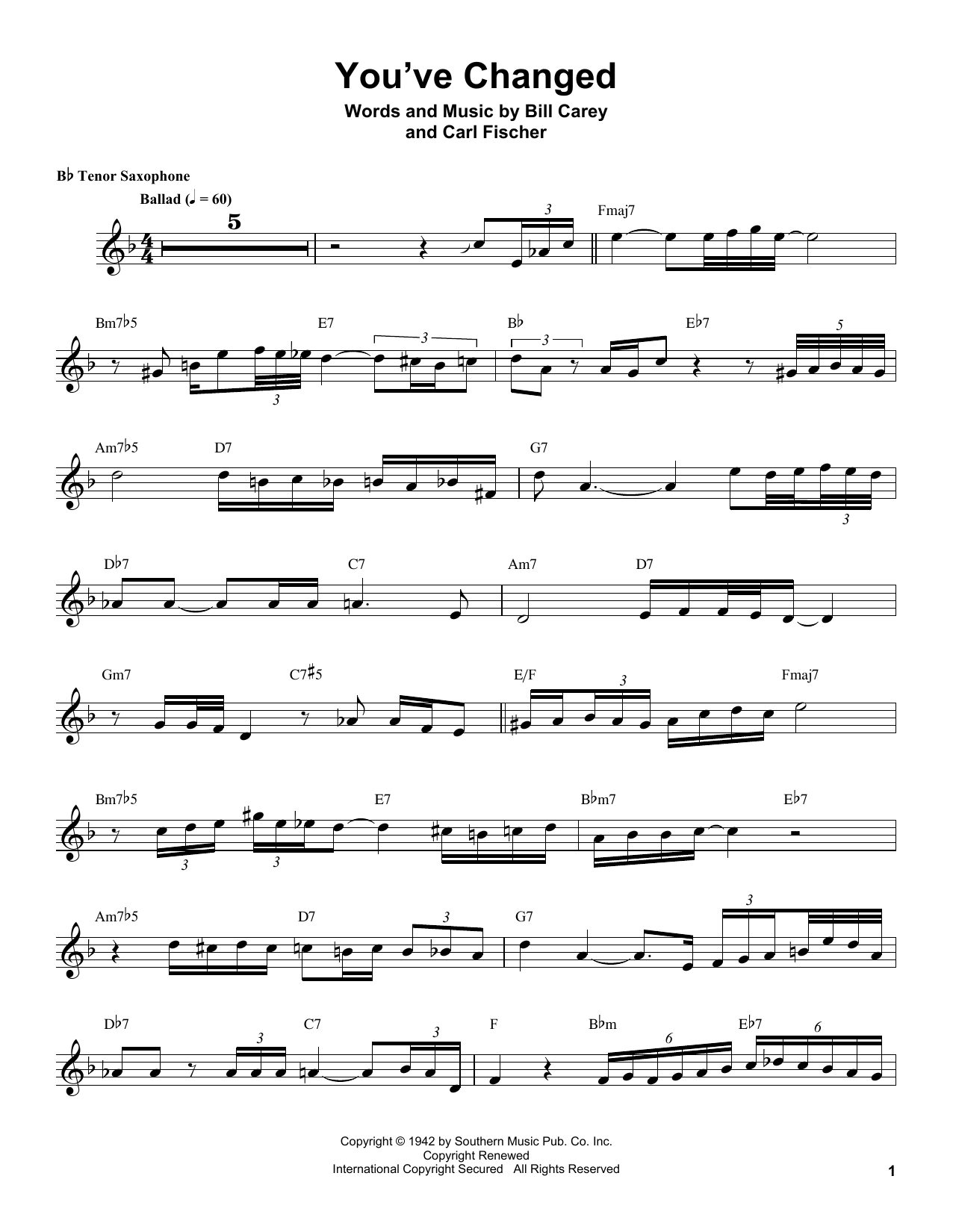 Coleman Hawkins You've Changed sheet music notes and chords arranged for Tenor Sax Transcription