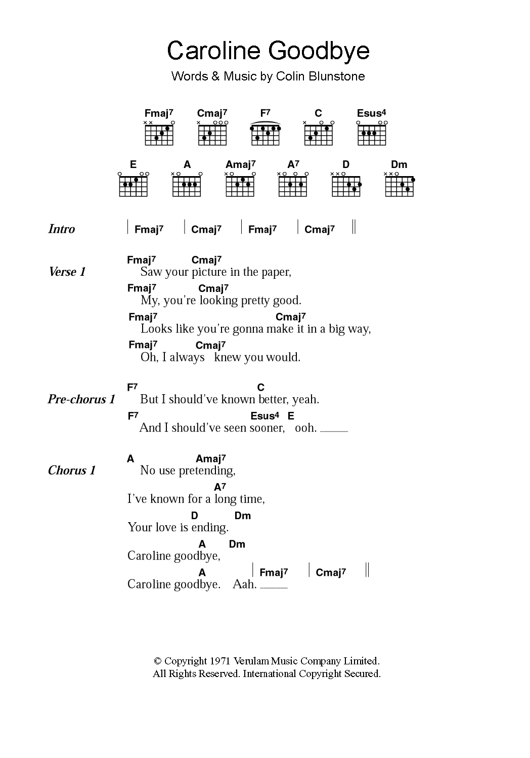 Colin Blunstone Caroline Goodbye sheet music notes and chords arranged for Guitar Chords/Lyrics