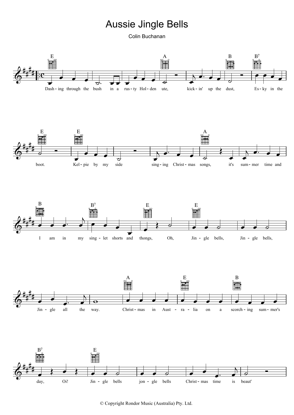 Colin Buchanan Aussie Jingle Bells sheet music notes and chords arranged for Lead Sheet / Fake Book