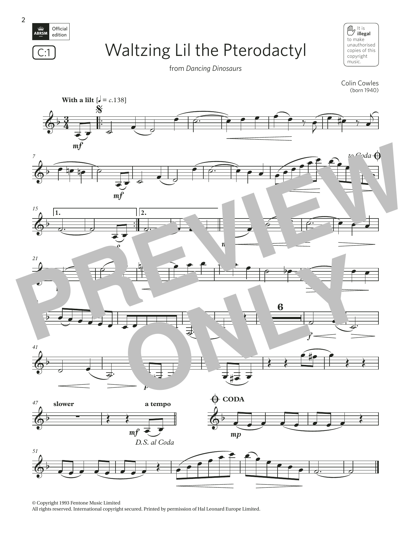 Colin Cowles Waltzing Lil the Pterodactyl (Grade 3 List C1 from the ABRSM Clarinet syllabus from 2022) sheet music notes and chords arranged for Clarinet Solo