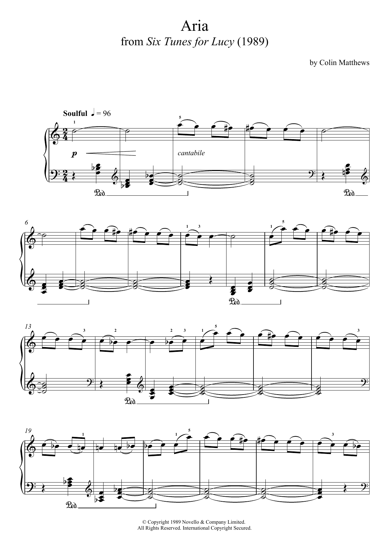 Colin Matthews Aria (From Six Tunes For Lucy) sheet music notes and chords arranged for Piano Solo