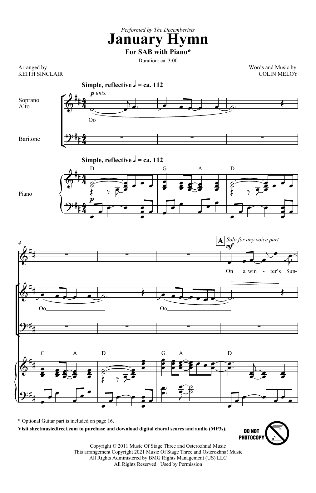 Colin Meloy January Hymn (arr. Keith Sinclair) sheet music notes and chords arranged for SAB Choir