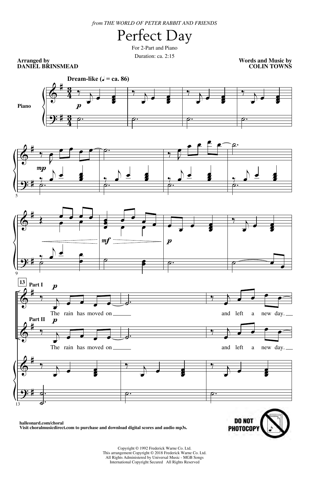 Colin Towns Perfect Day (Theme From The World Of Peter Rabbit And Friends) (arr. Daniel Brinsmead) sheet music notes and chords arranged for 2-Part Choir