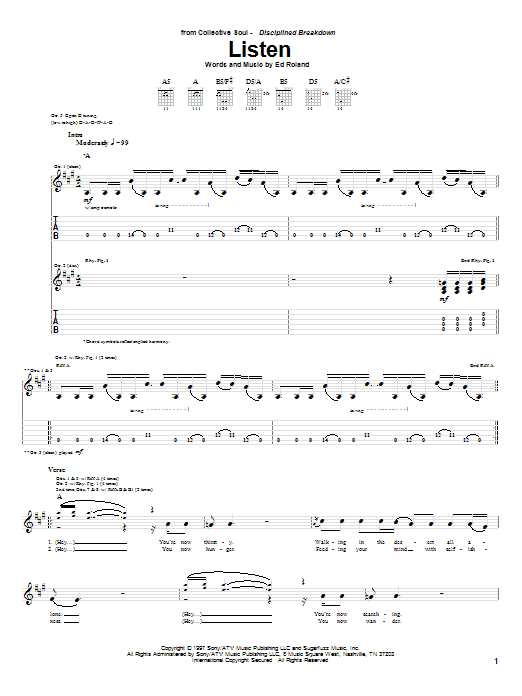 Collective Soul Listen sheet music notes and chords arranged for Guitar Tab