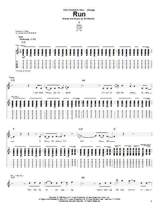 Collective Soul Run sheet music notes and chords arranged for Guitar Tab
