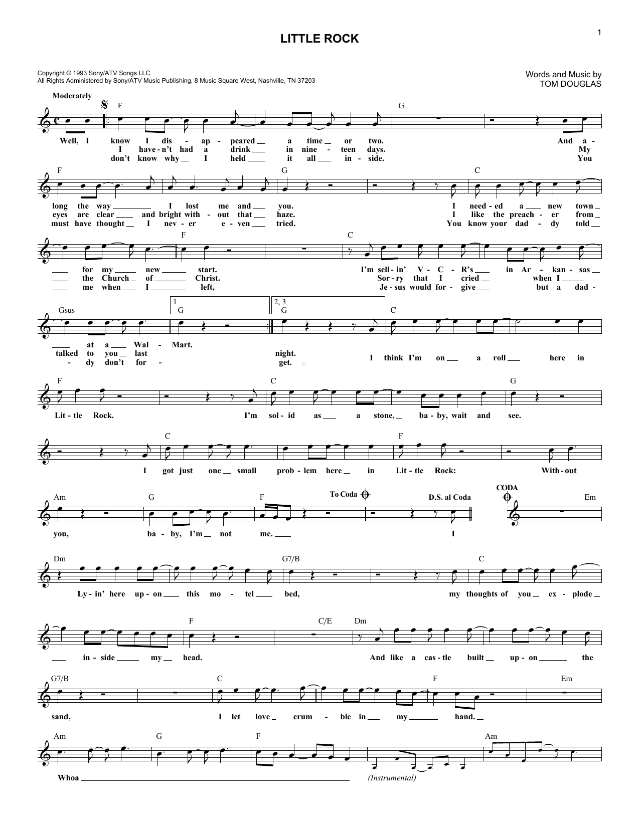 Collin Raye Little Rock sheet music notes and chords arranged for Lead Sheet / Fake Book