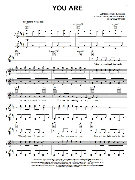 Colton Dixon You Are sheet music notes and chords arranged for Piano, Vocal & Guitar Chords (Right-Hand Melody)