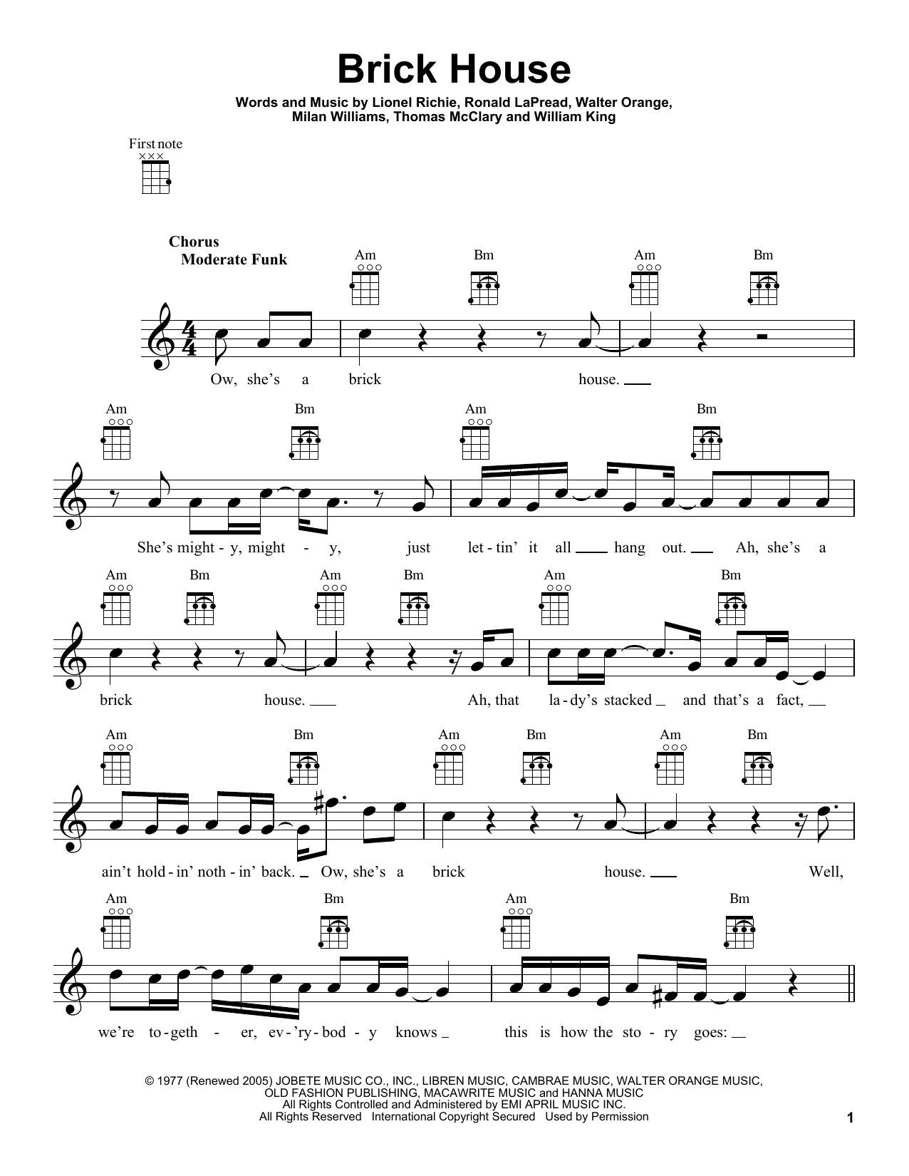 Commodores Brick House sheet music notes and chords arranged for Ukulele