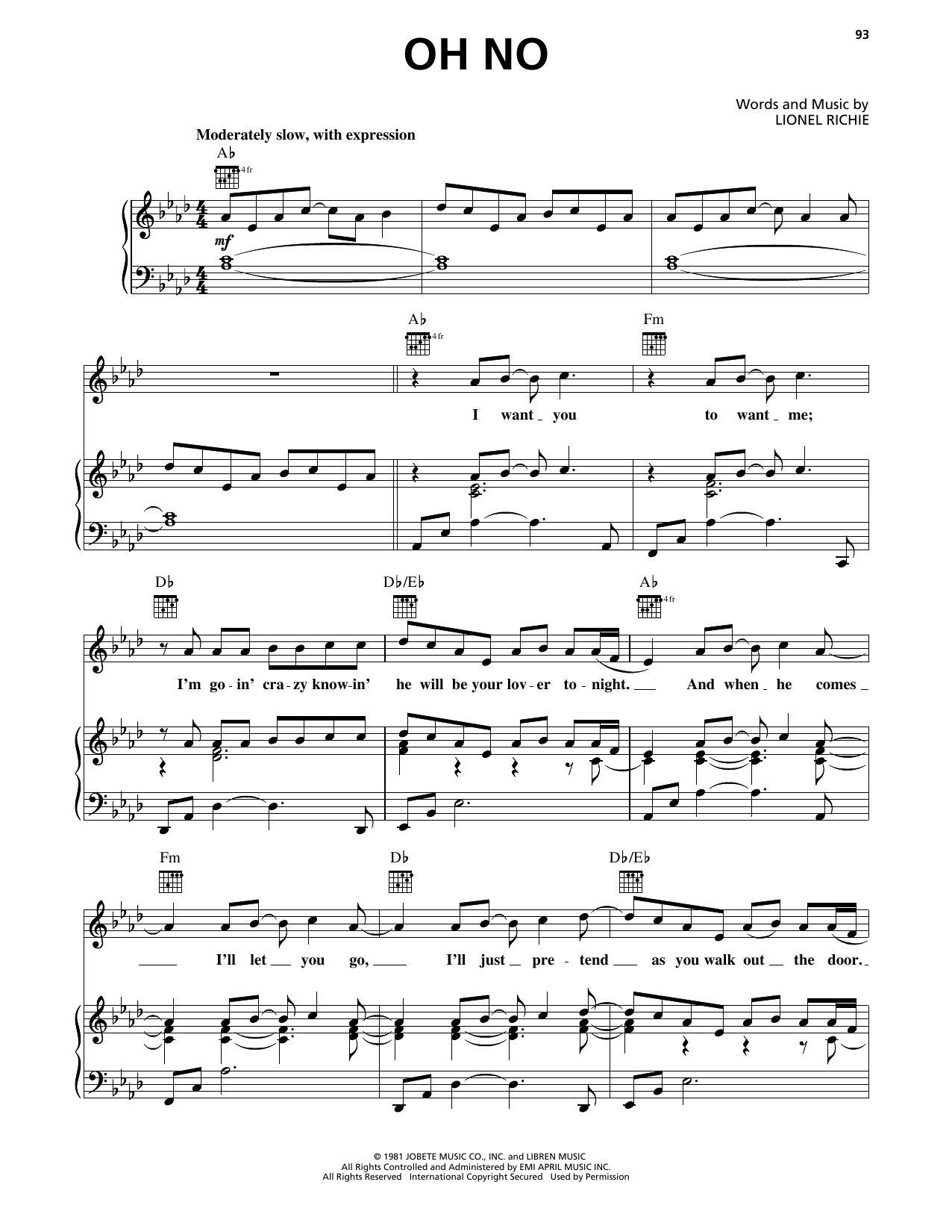 Commodores Oh No sheet music notes and chords arranged for Piano, Vocal & Guitar Chords (Right-Hand Melody)