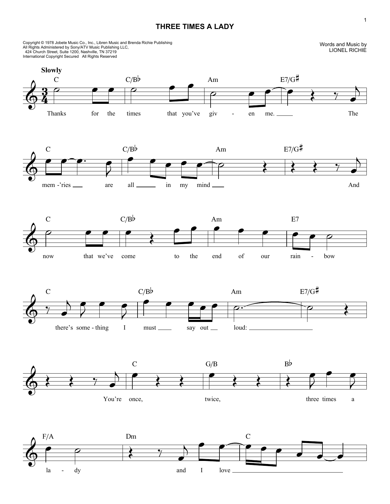 Commodores Three Times A Lady sheet music notes and chords arranged for Alto Sax Solo