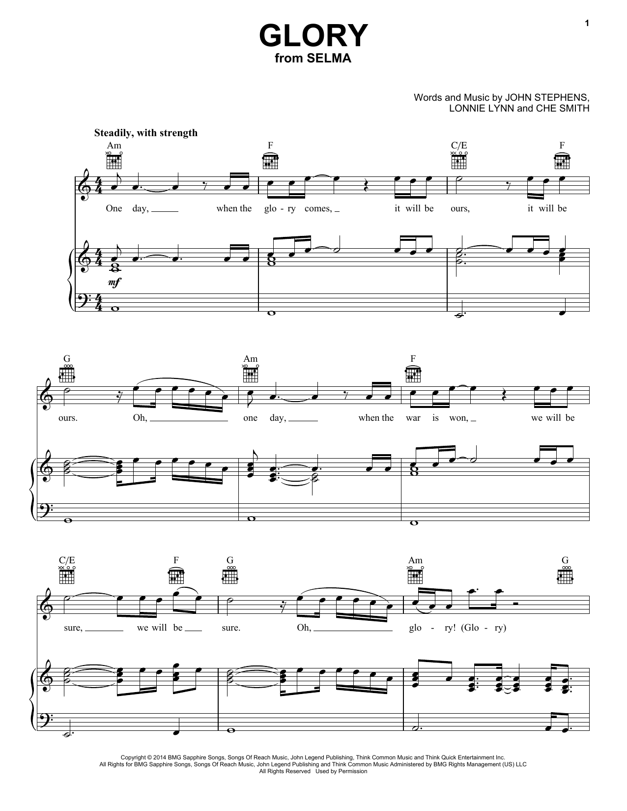 Common & John Legend Glory sheet music notes and chords arranged for Easy Piano