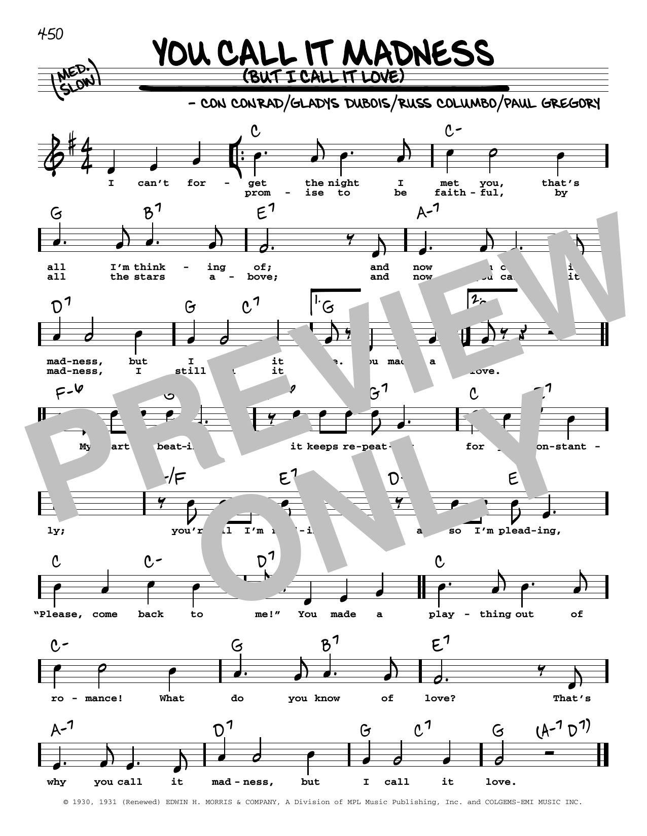 Con Conrad You Call It Madness (But I Call It Love) (High Voice) sheet music notes and chords arranged for Real Book – Melody, Lyrics & Chords
