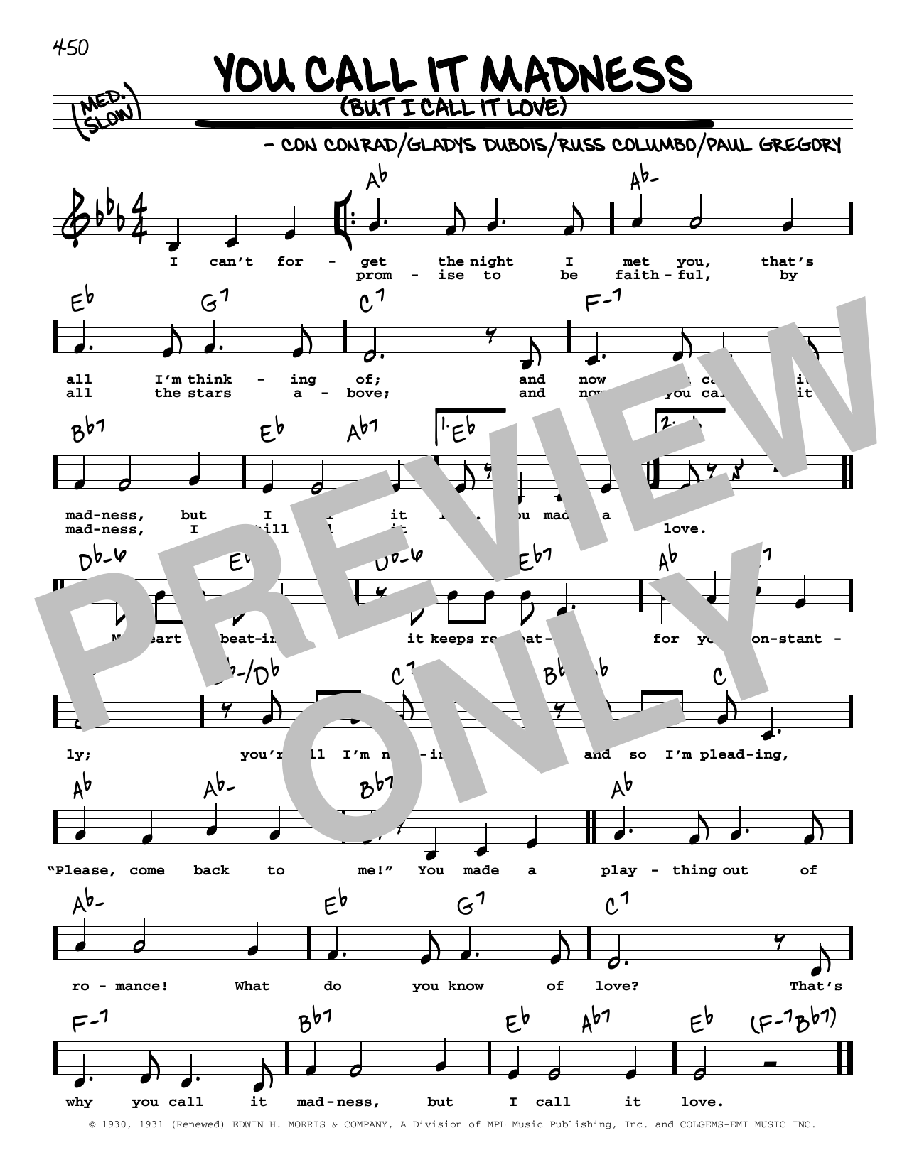 Con Conrad You Call It Madness (But I Call It Love) (Low Voice) sheet music notes and chords arranged for Real Book – Melody, Lyrics & Chords
