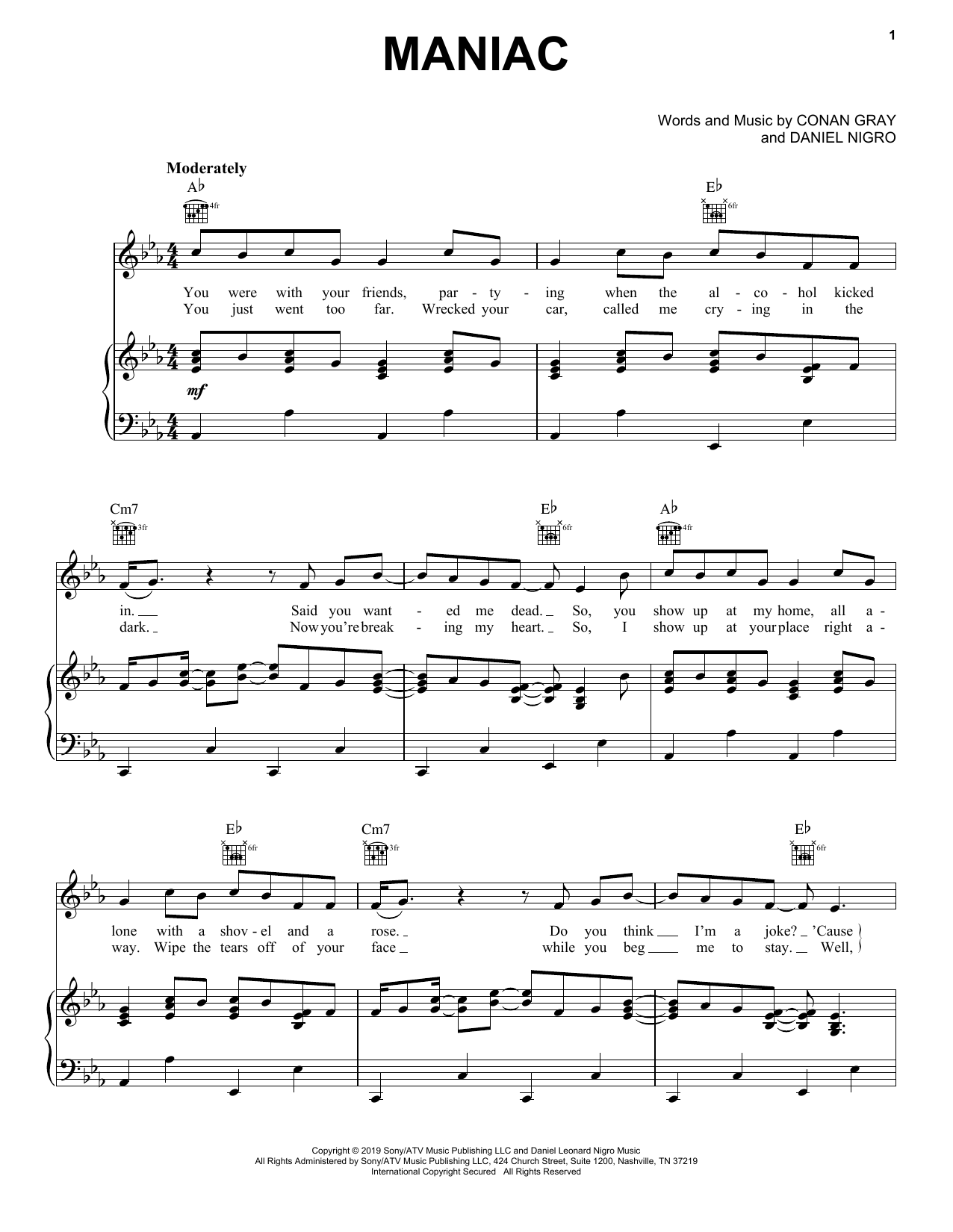 Conan Gray Maniac sheet music notes and chords arranged for Piano, Vocal & Guitar Chords (Right-Hand Melody)