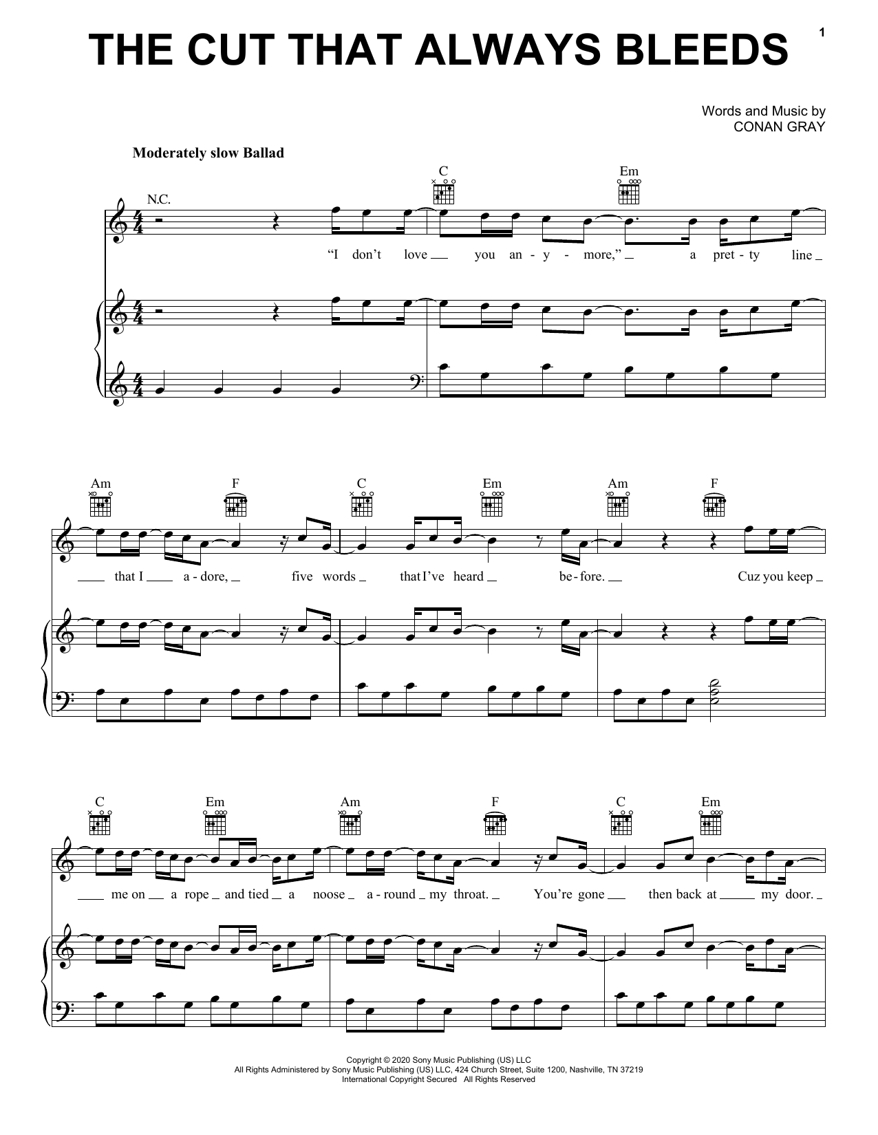 Conan Gray The Cut That Always Bleeds sheet music notes and chords arranged for Piano, Vocal & Guitar Chords (Right-Hand Melody)