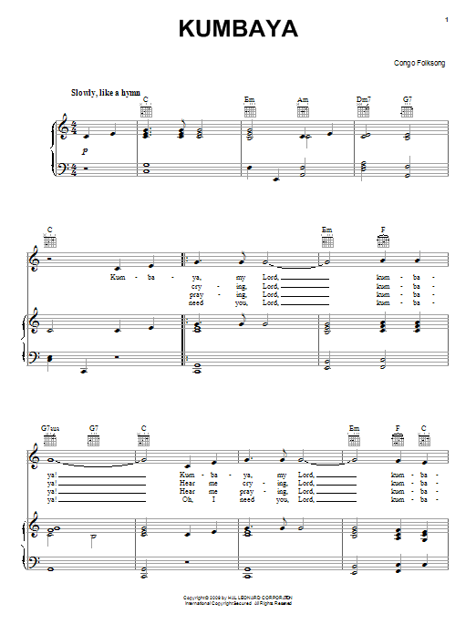 Congan Folksong Kumbaya sheet music notes and chords arranged for Easy Piano