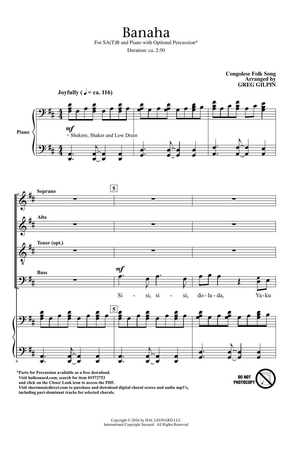 Congolese Folk Song Banaha sheet music notes and chords arranged for SATB Choir