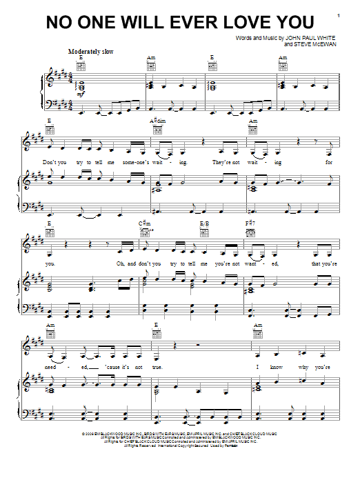 Connie Britton and Charles Esten No One Will Ever Love You sheet music notes and chords arranged for Piano, Vocal & Guitar Chords (Right-Hand Melody)