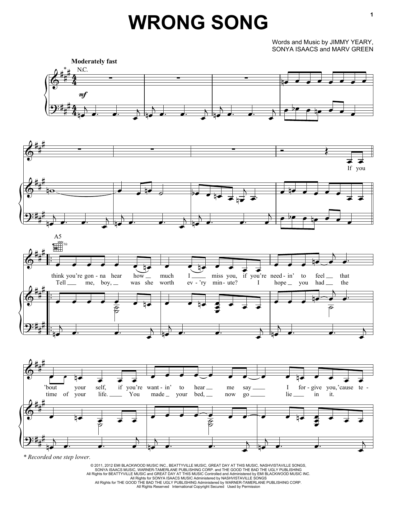 Connie Britton and Hayden Panettiere Wrong Song sheet music notes and chords arranged for Piano, Vocal & Guitar Chords (Right-Hand Melody)