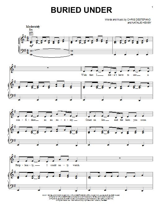 Connie Britton Buried Under sheet music notes and chords arranged for Piano, Vocal & Guitar Chords (Right-Hand Melody)