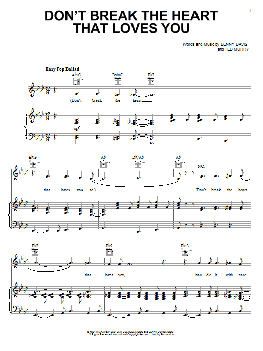 Connie Francis Don't Break The Heart That Loves You sheet music notes and chords arranged for Piano, Vocal & Guitar Chords (Right-Hand Melody)