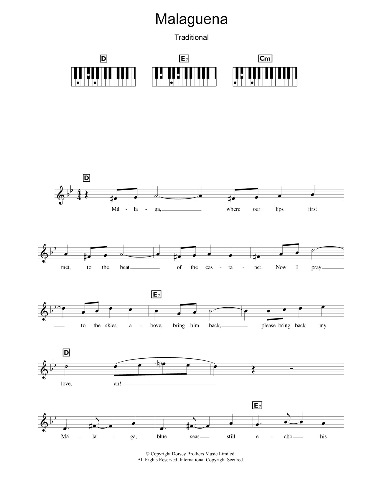 Connie Francis Malaguena sheet music notes and chords arranged for Piano Chords/Lyrics