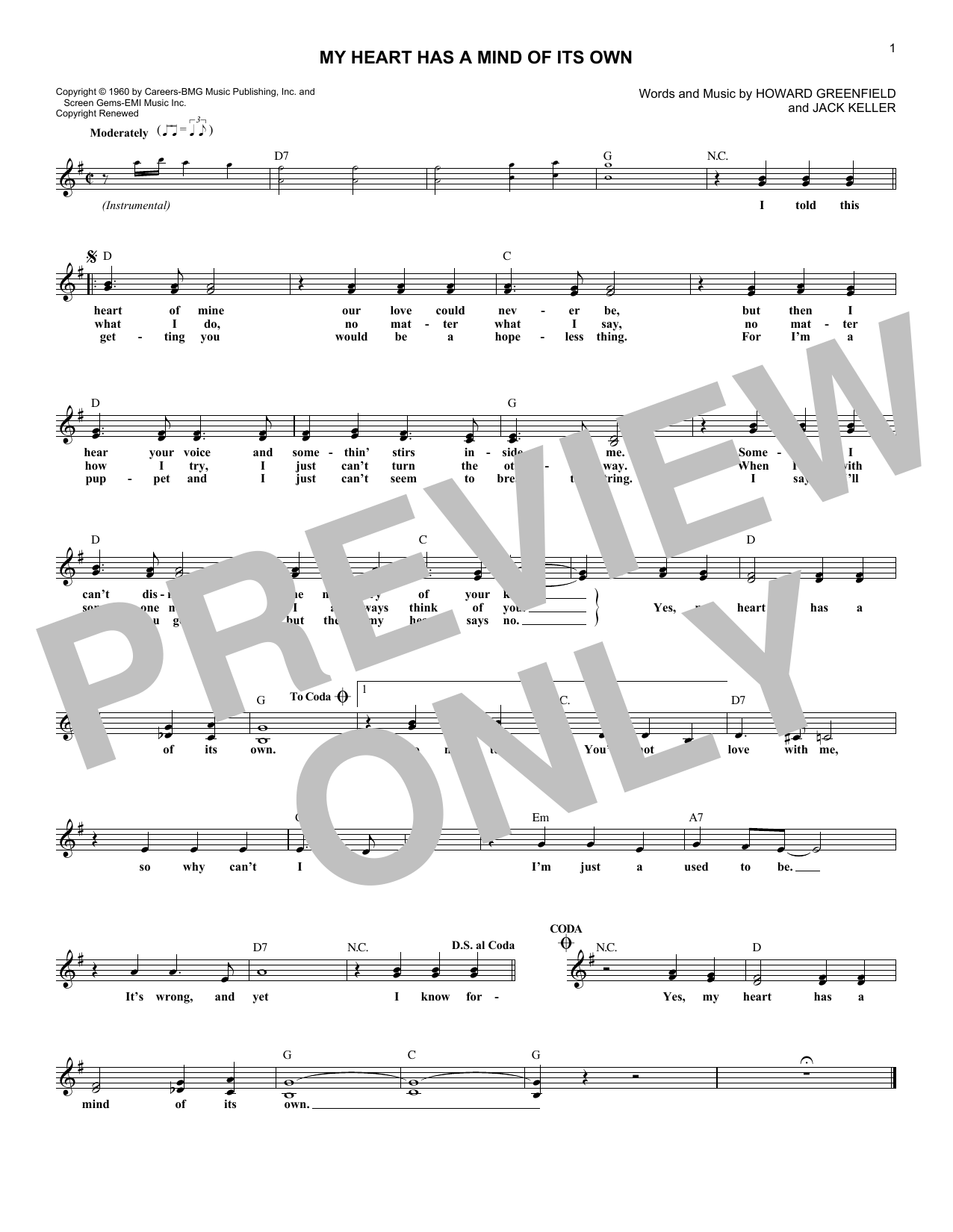 Connie Francis My Heart Has A Mind Of Its Own sheet music notes and chords arranged for Lead Sheet / Fake Book