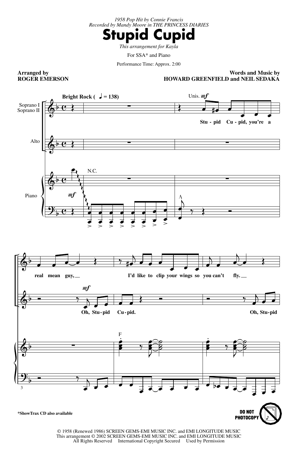 Connie Francis Stupid Cupid (arr. Roger Emerson) sheet music notes and chords arranged for SSA Choir