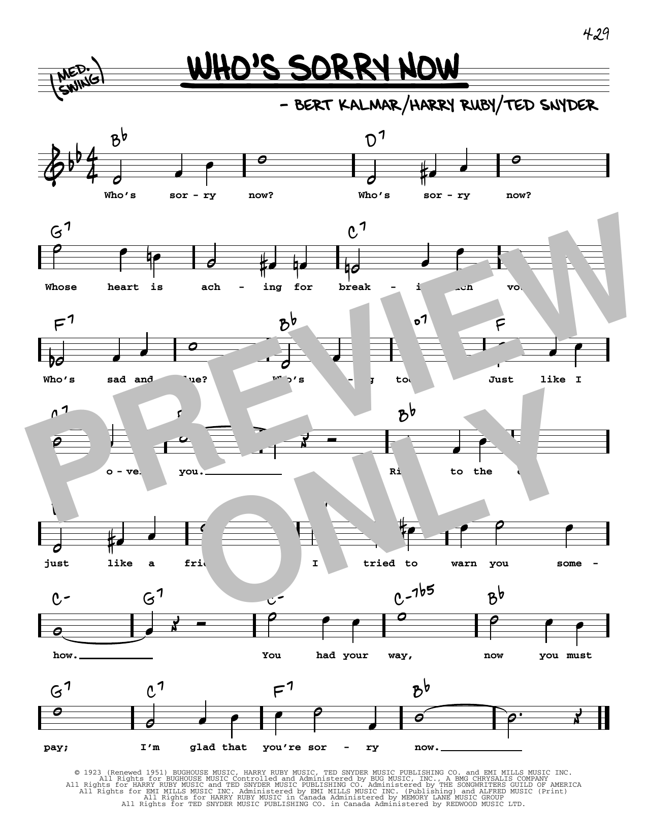 Connie Francis Who's Sorry Now (High Voice) sheet music notes and chords arranged for Real Book – Melody, Lyrics & Chords