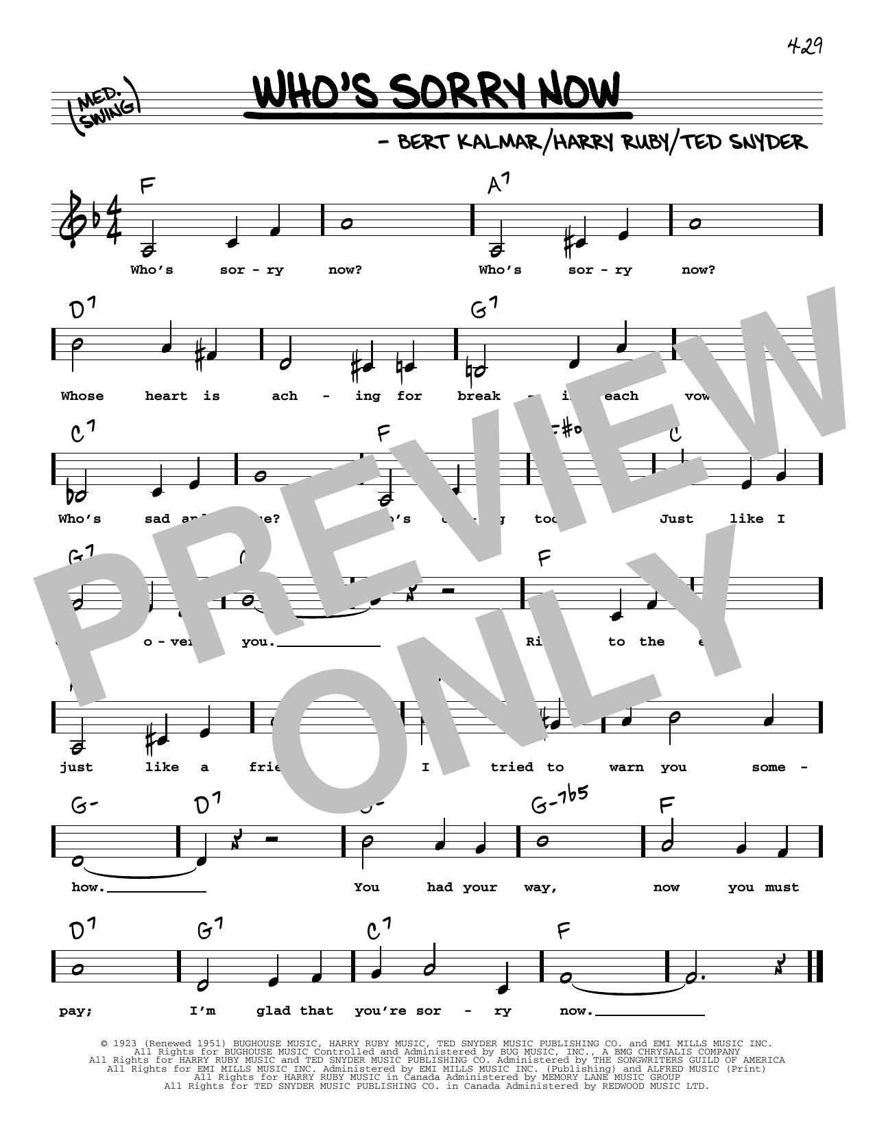 Connie Francis Who's Sorry Now (Low Voice) sheet music notes and chords arranged for Real Book – Melody, Lyrics & Chords