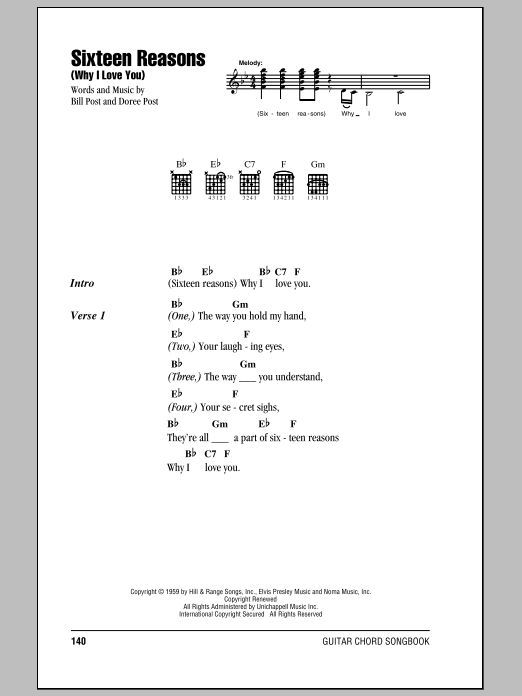 Connie Stevens Sixteen Reasons (Why I Love You) sheet music notes and chords arranged for Guitar Chords/Lyrics