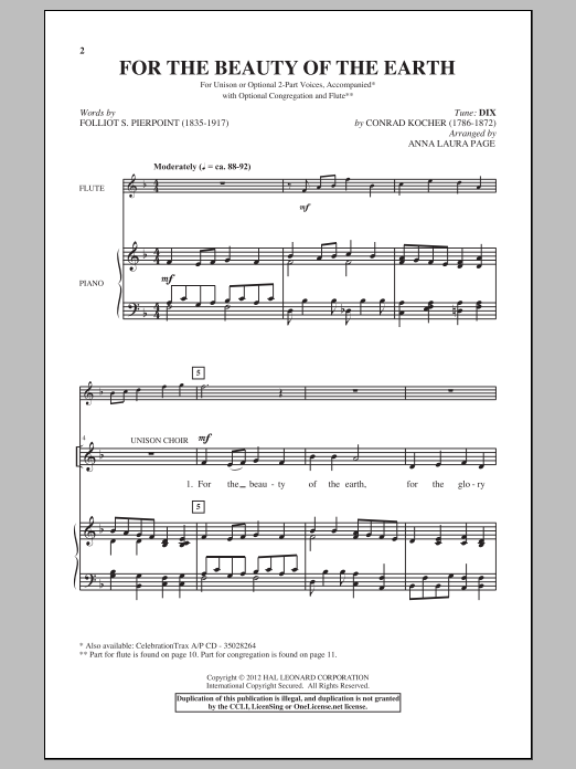 Conrad Kocher For The Beauty Of The Earth (arr. Anna Laura Page) sheet music notes and chords arranged for 2-Part Choir