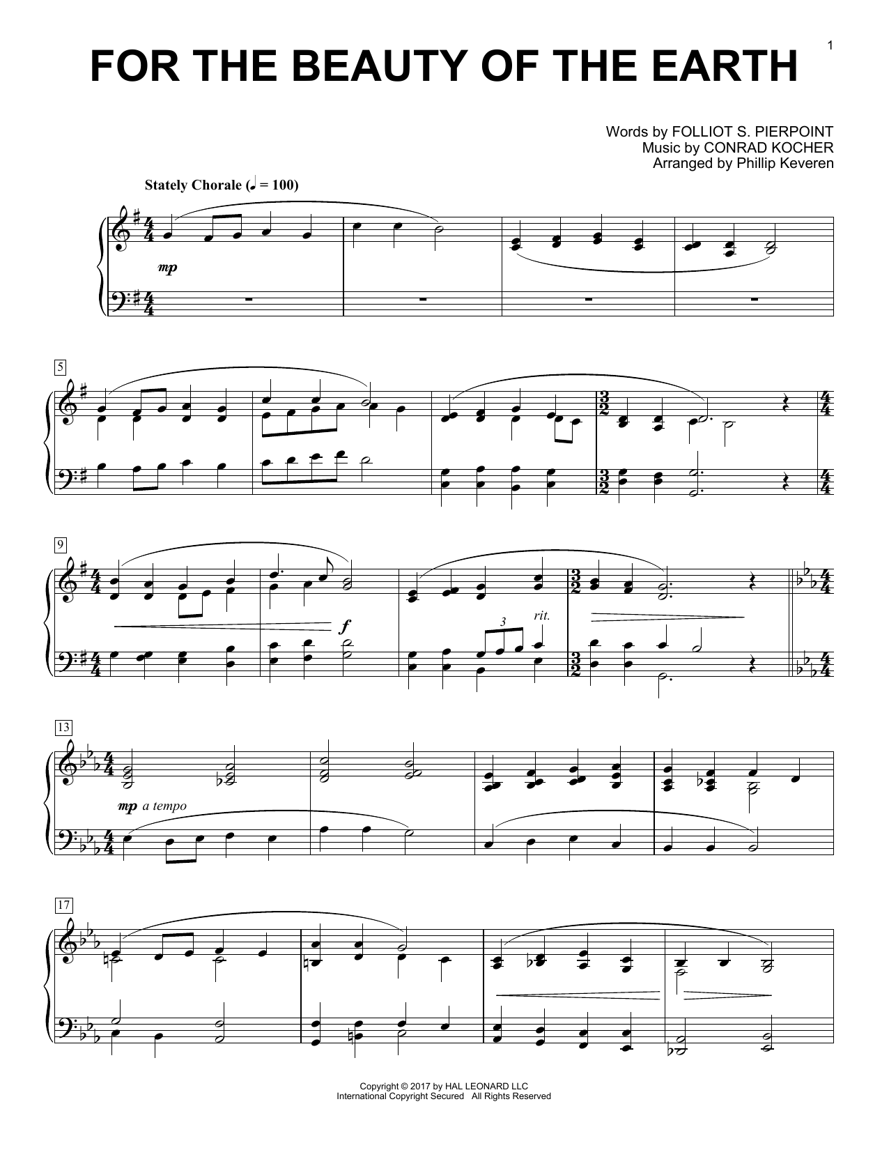 Conrad Kocher For The Beauty Of The Earth (arr. Phillip Keveren) sheet music notes and chords arranged for Piano Solo