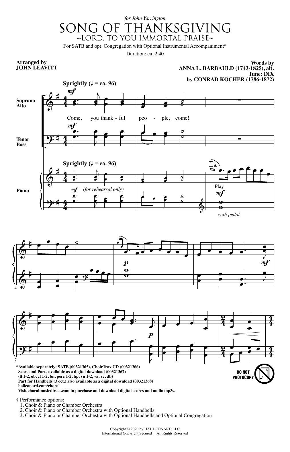 Conrad Kocher Song Of Thanksgiving (Lord, to You Immortal Praise) (arr. John Leavitt) sheet music notes and chords arranged for SATB Choir