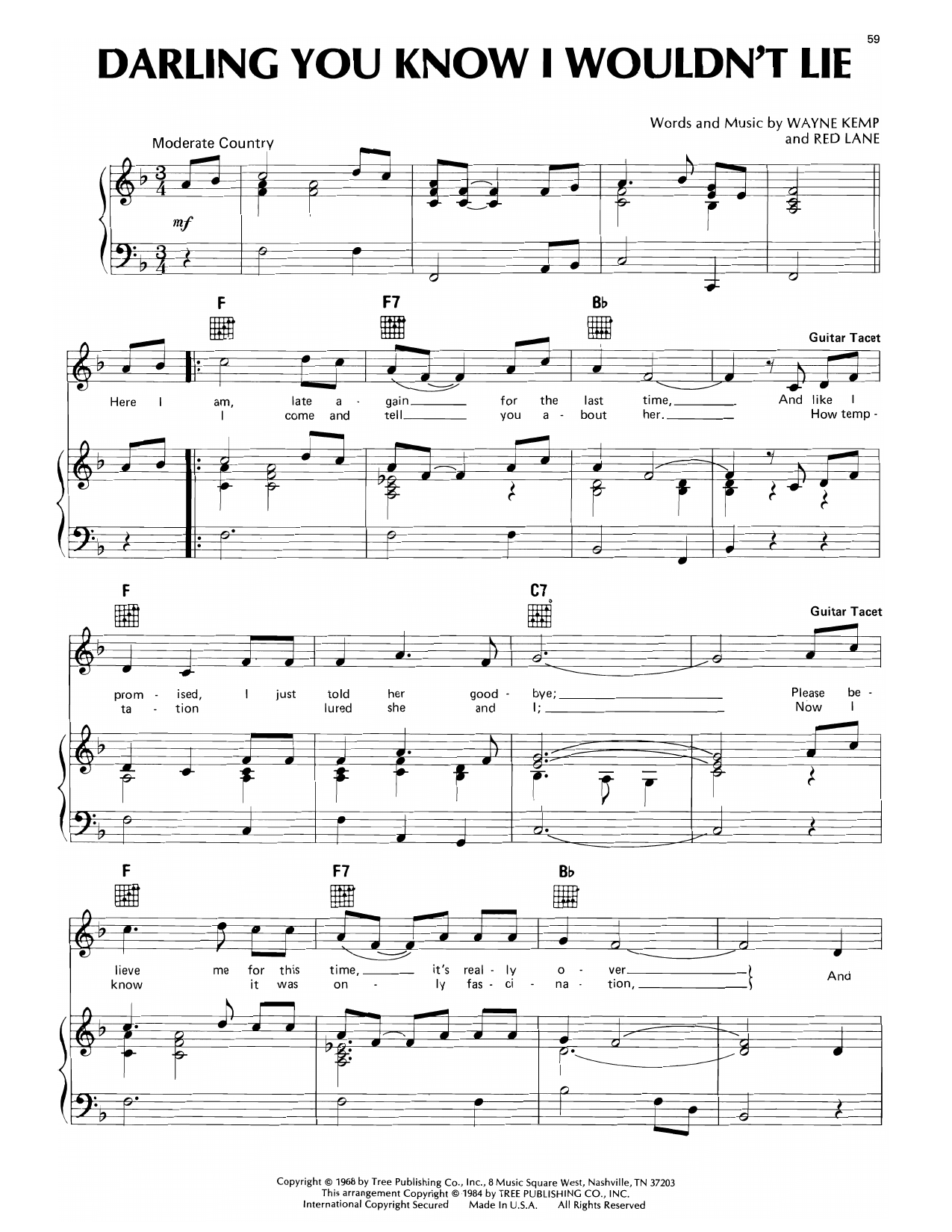 Conway Twitty Darling You Know I Wouldn't Lie sheet music notes and chords arranged for Piano, Vocal & Guitar Chords (Right-Hand Melody)