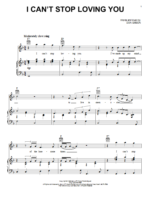 Conway Twitty I Can't Stop Loving You sheet music notes and chords arranged for Piano, Vocal & Guitar Chords (Right-Hand Melody)