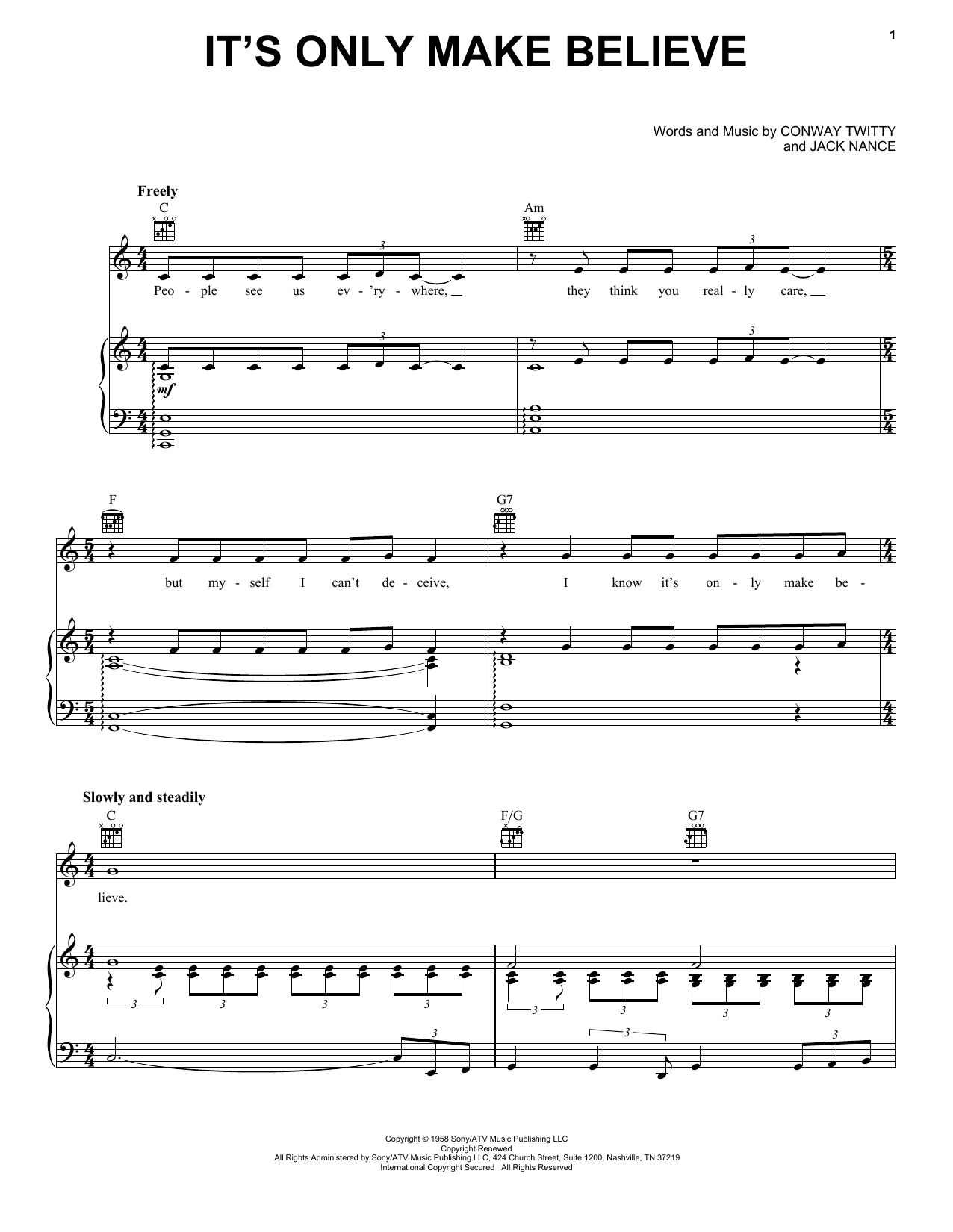 Conway Twitty It's Only Make Believe sheet music notes and chords arranged for Ukulele