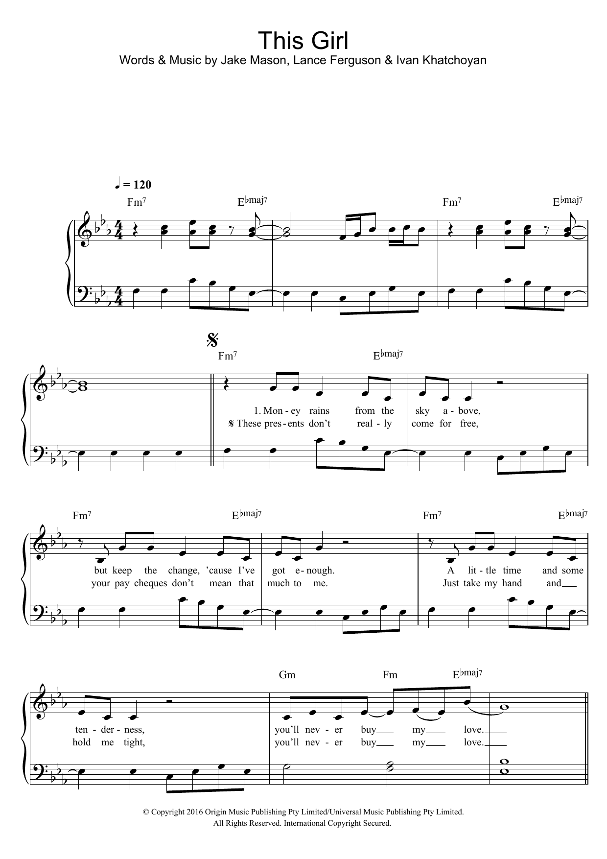 Kungs vs Cookin’ on 3 Burners This Girl sheet music notes and chords arranged for Easy Piano