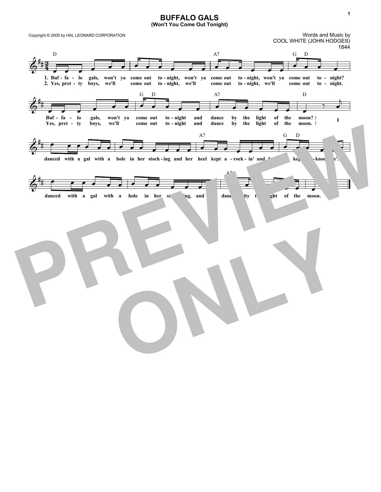 Cool White (John Hodges) Buffalo Gals (Won't You Come Out Tonight?) sheet music notes and chords arranged for Very Easy Piano