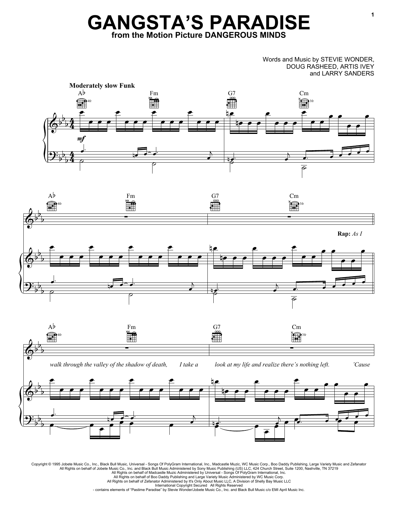 Coolio Gangsta's Paradise (feat. L.V.) sheet music notes and chords arranged for Piano, Vocal & Guitar Chords (Right-Hand Melody)