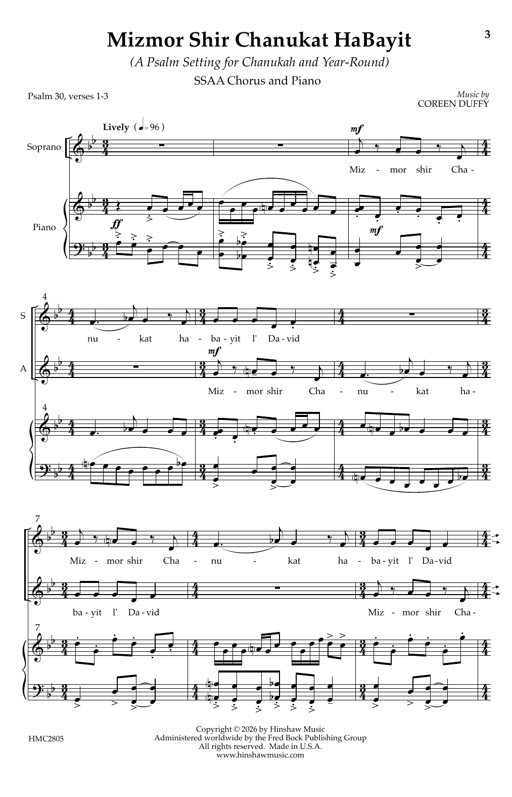 Coreen Duffy Mizmor Shir Chanukat HaBayit sheet music notes and chords arranged for Choir