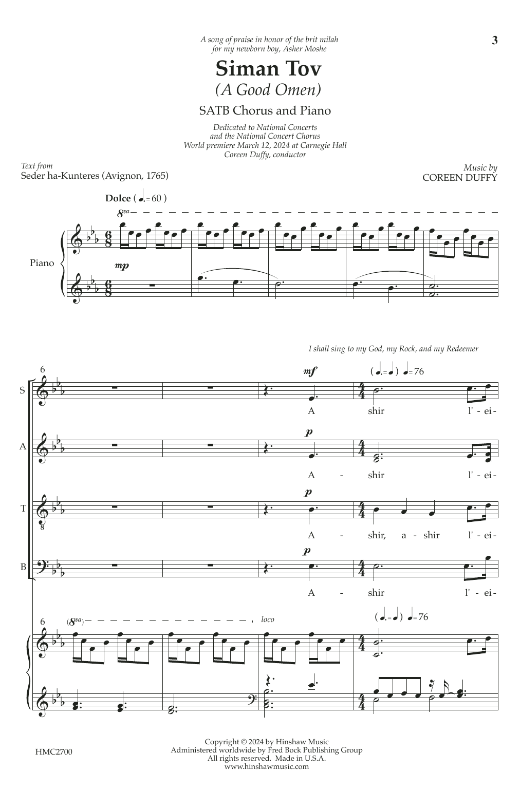Coreen Duffy Siman Tov (A Good Omen) sheet music notes and chords arranged for SATB Choir